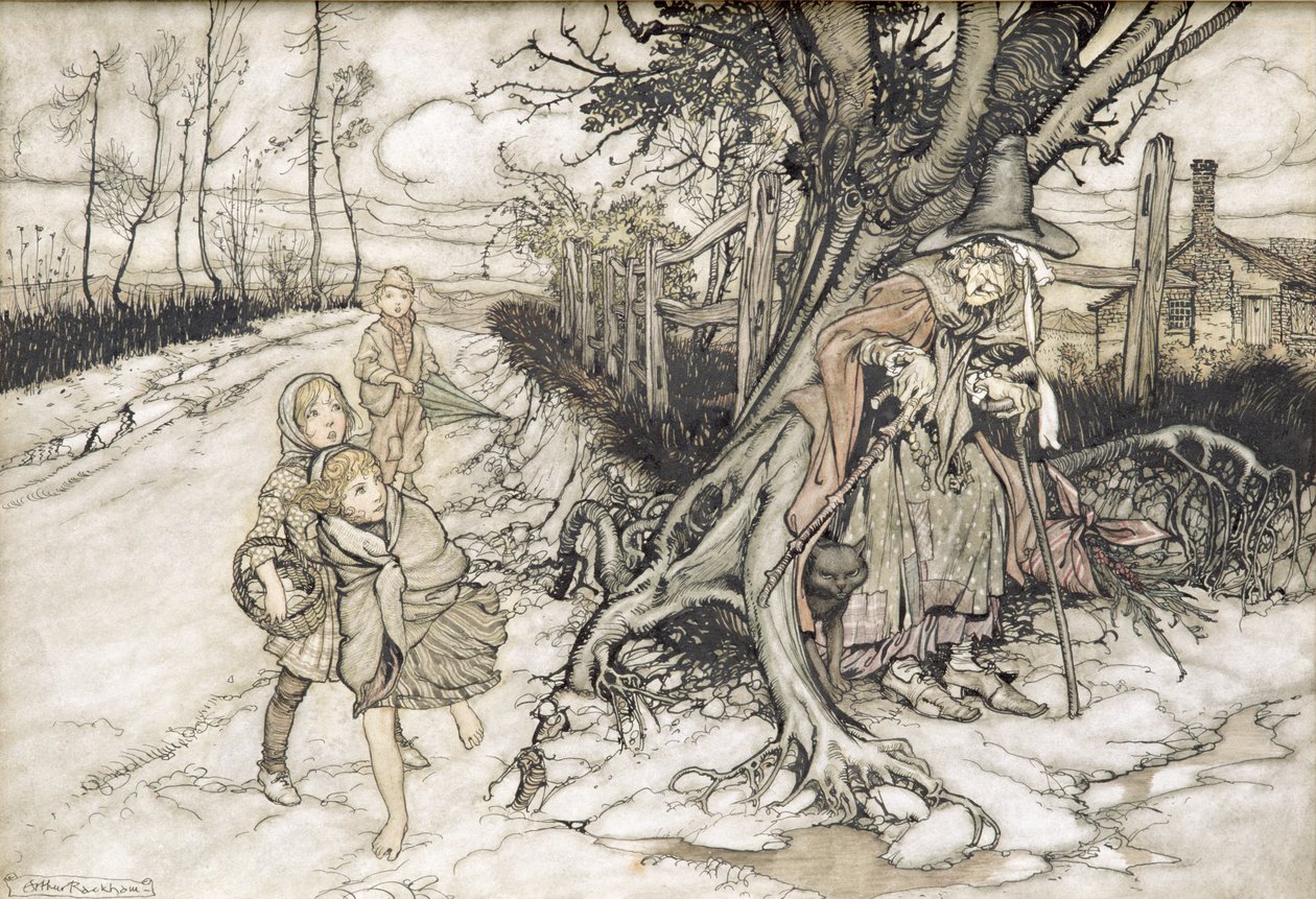Barn som skräms av en häxa (wc, penna och bläck på papper) av Arthur Rackham