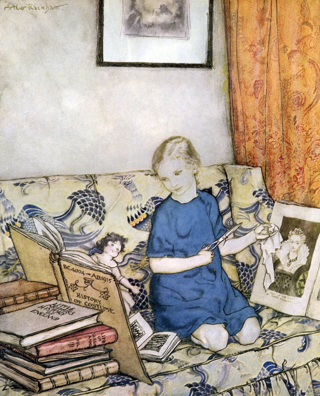 Flicka som gör en dräkt av Arthur Rackham