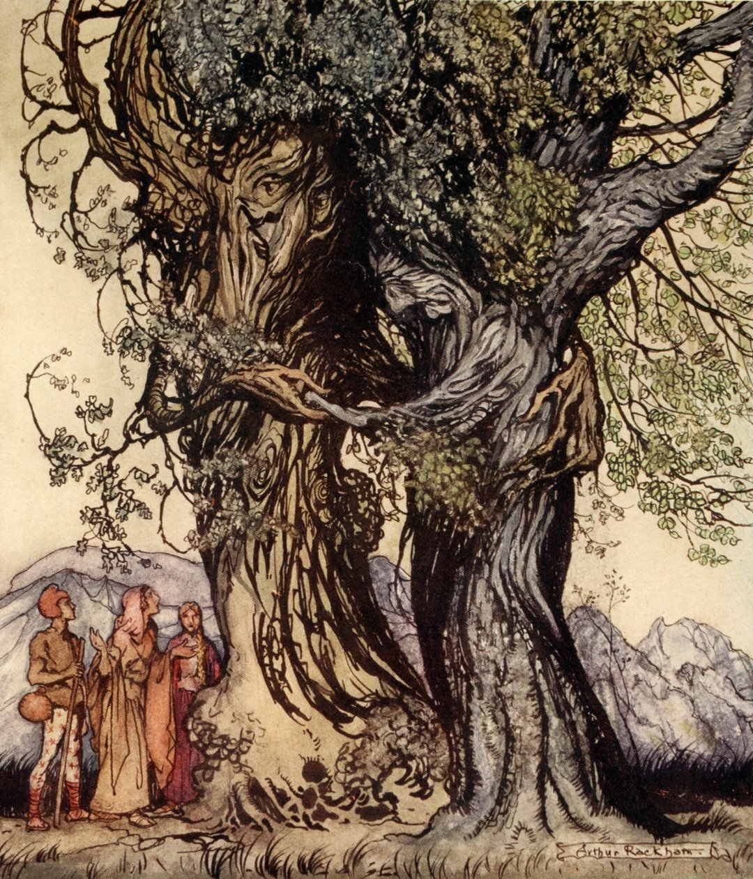Jag är gamle Philemon! mumlade eken, illustration från "A Wonder Book for Girls and Boys" av Nathaniel Hawthorne, 1928 av Arthur Rackham