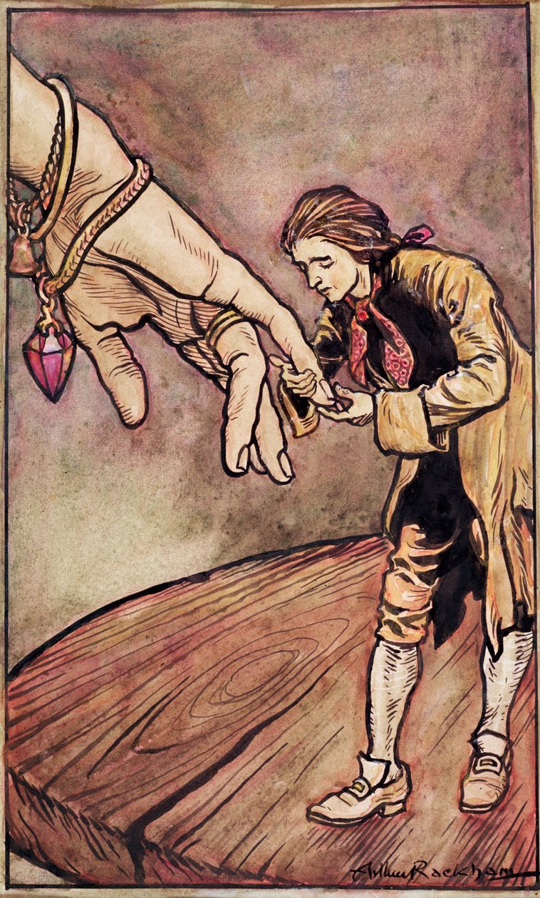 Originalakvarellillustration till Swifts "Gullivers resor", Gulliver i Brobdingnag, 1909 av Arthur Rackham