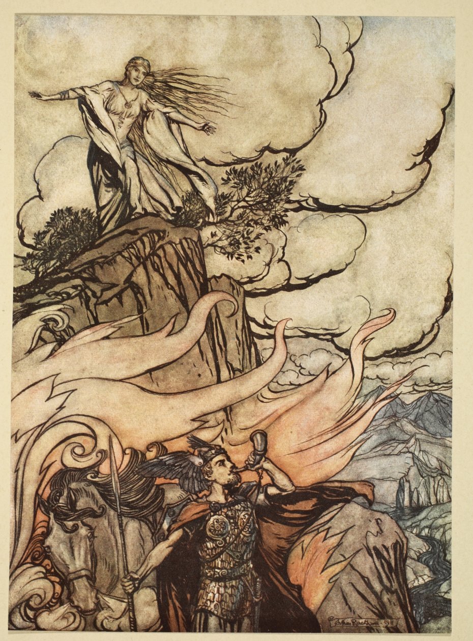 Siegfried lämnar Brunnhilde på jakt efter äventyr, illustration från 