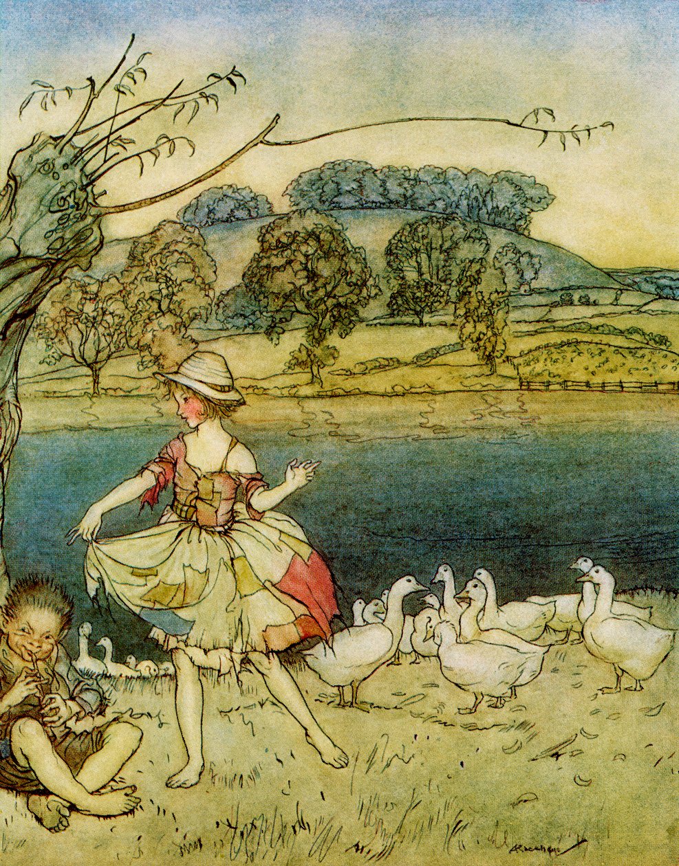 Tattercoats dansar medan gåshjorden pipar, från English Fairy Tales Retold by F.A. Steel, 1927 av Arthur Rackham