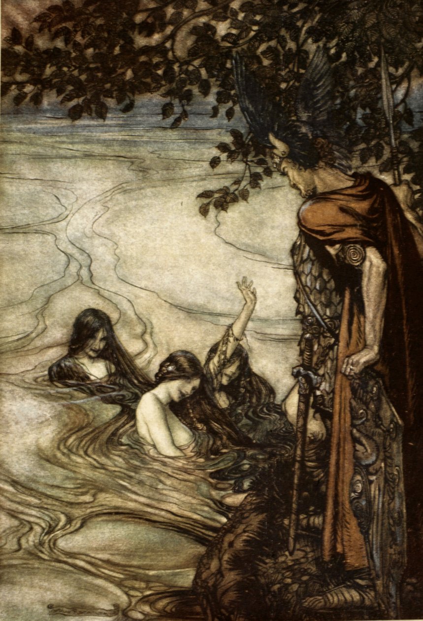 "Även om ni skrattar glatt, så är ni kvar i sorg. För hånfulla jungfrur, denna ring ni ber om ska aldrig bli er", illustration från "Siegfried och gudarnas skymning", 1924. av Arthur Rackham
