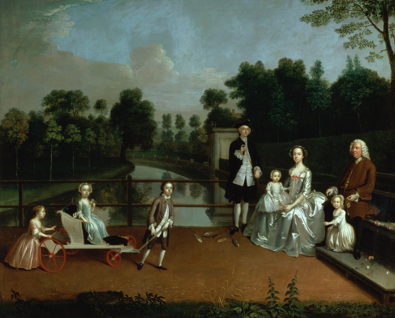 En familiegruppe på en terrasse i en have, 1749 swed av Arthur Devis