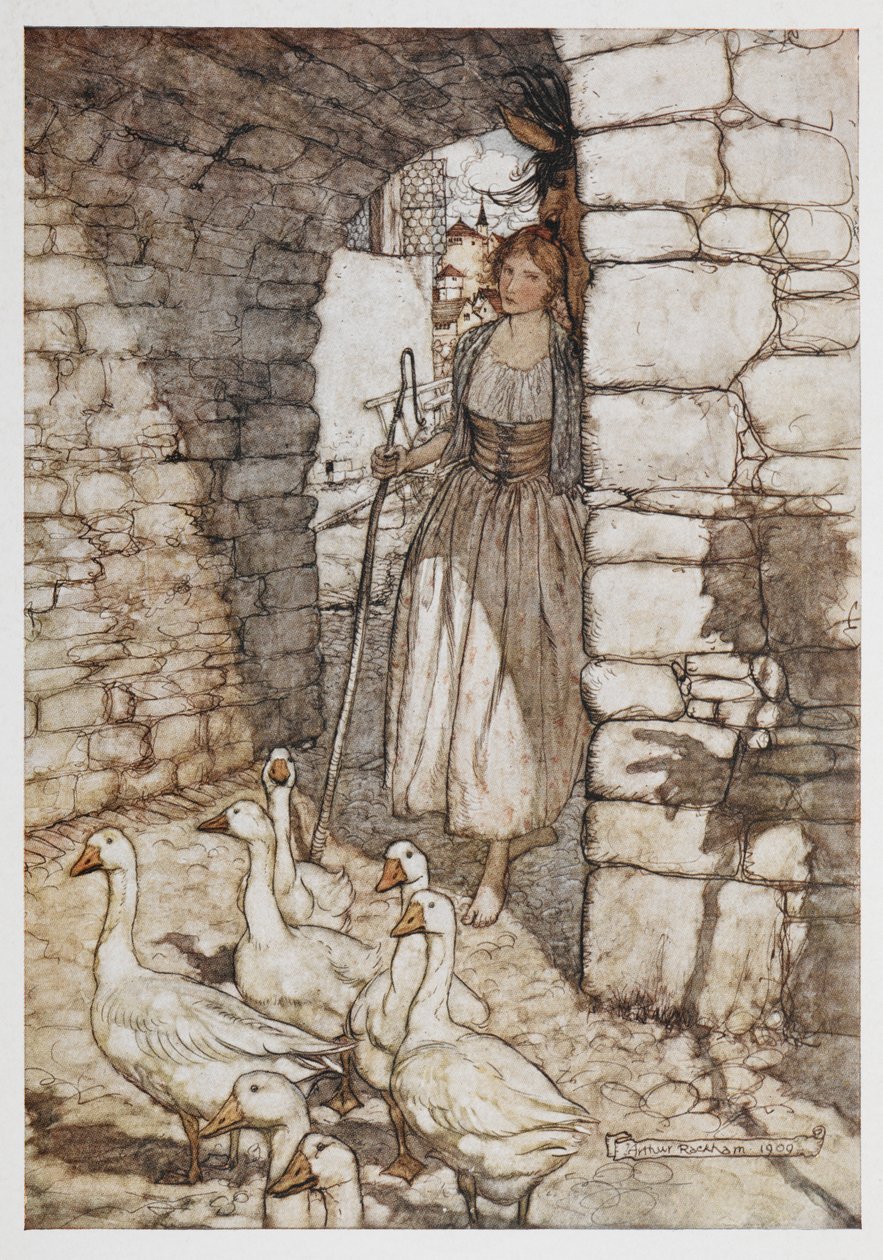 En tjej med gäss. av Arthur Rackham
