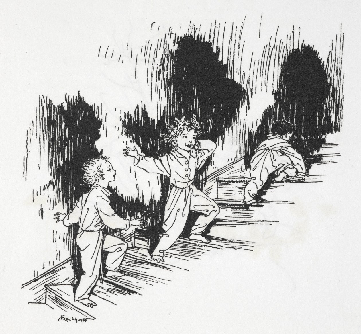 Barn kryper uppför trappan på natten av Arthur Rackham