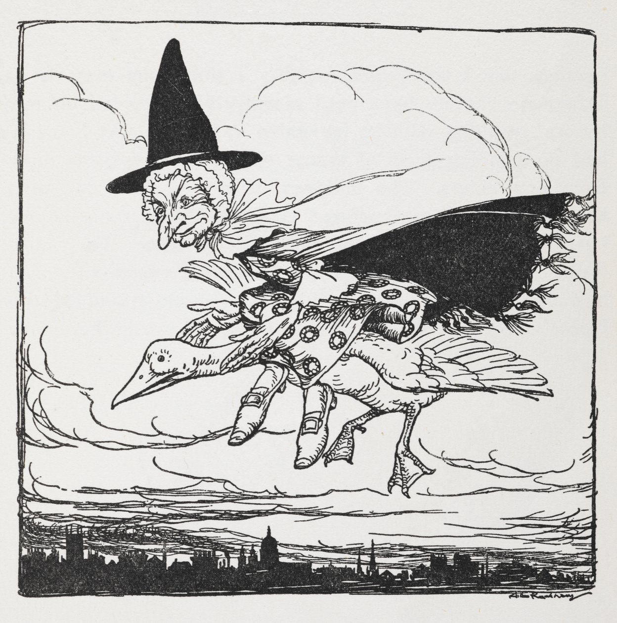 Gåsmor flyger på en gås. av Arthur Rackham