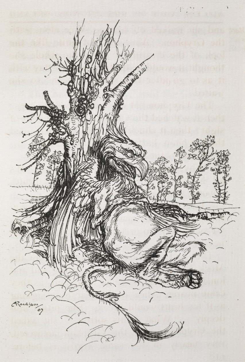 Gryphon sitter mot ett träd av Arthur Rackham