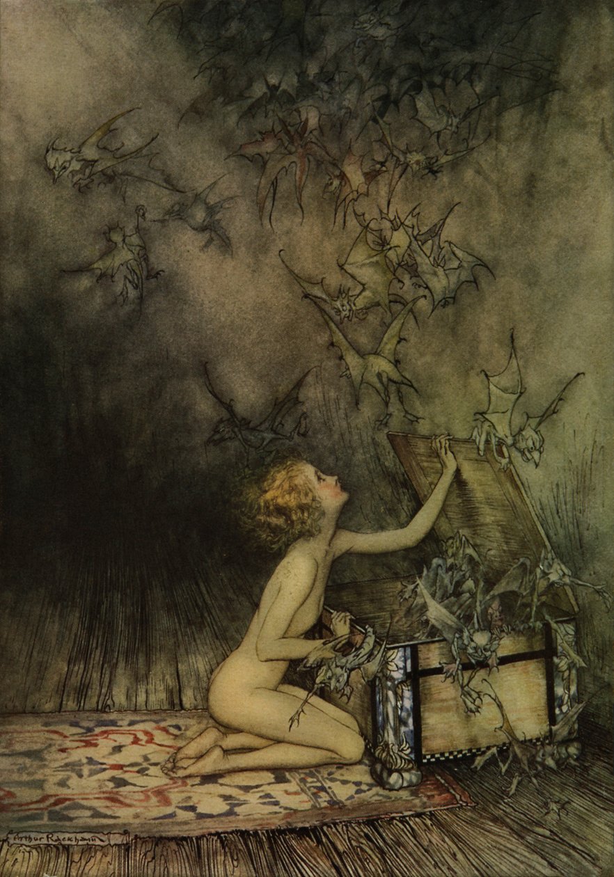 Ung flicka och fladdermus-liknande av Arthur Rackham