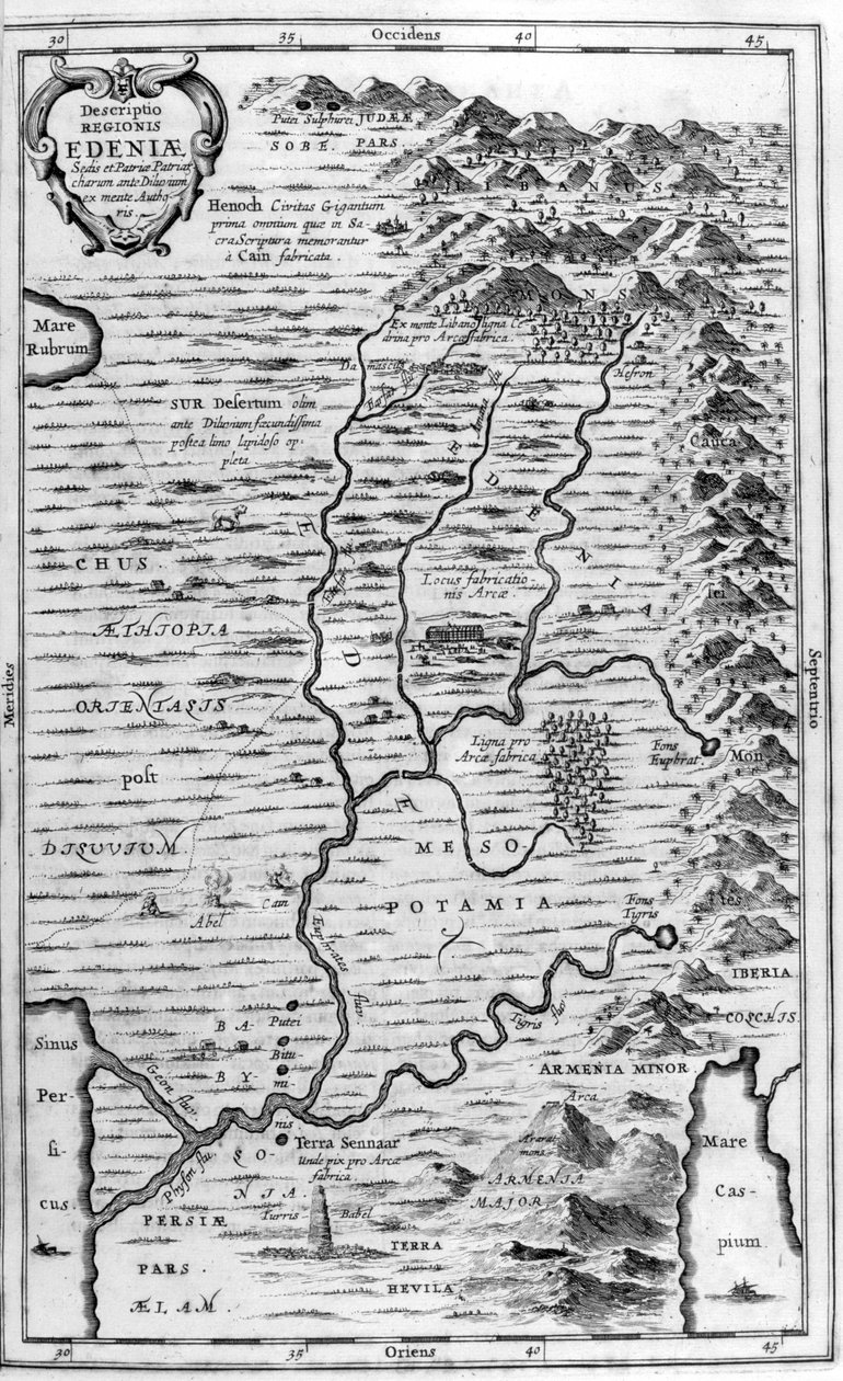 Karta över Edens trädgård, 1675 av Athanasius Kircher