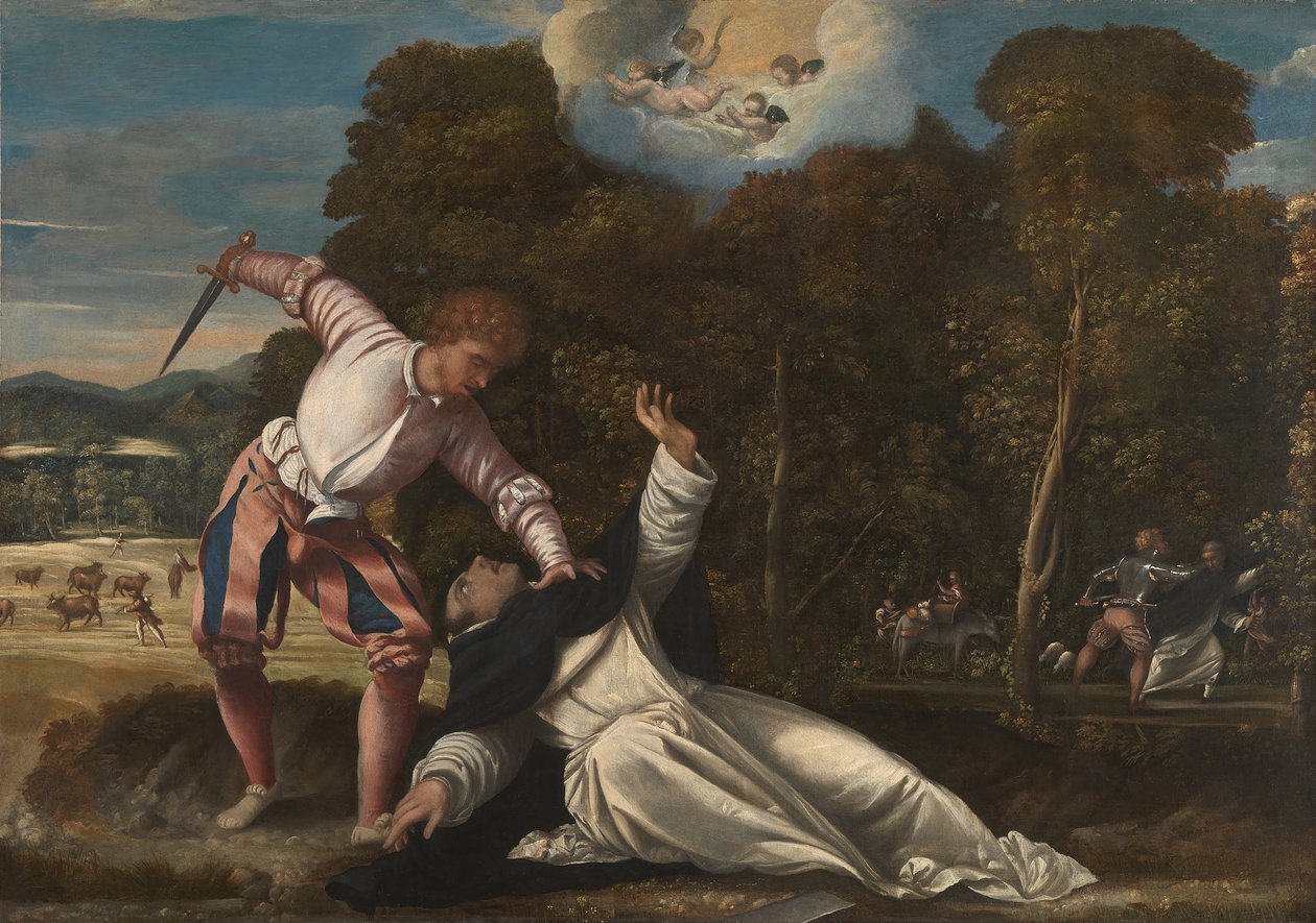 Sankt Petrus martyrs död av Attributed to Bernardino da Asola