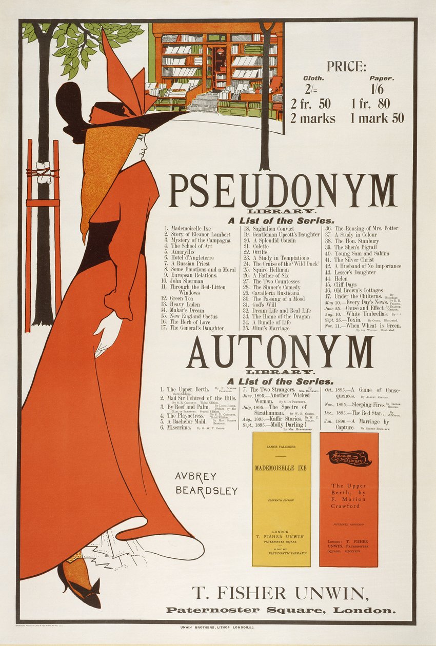 Affisch för "The Pseudonym and Autonym Libraries", utgiven av T. Fisher Urwin, 1894 (se även 61992). av Aubrey Beardsley