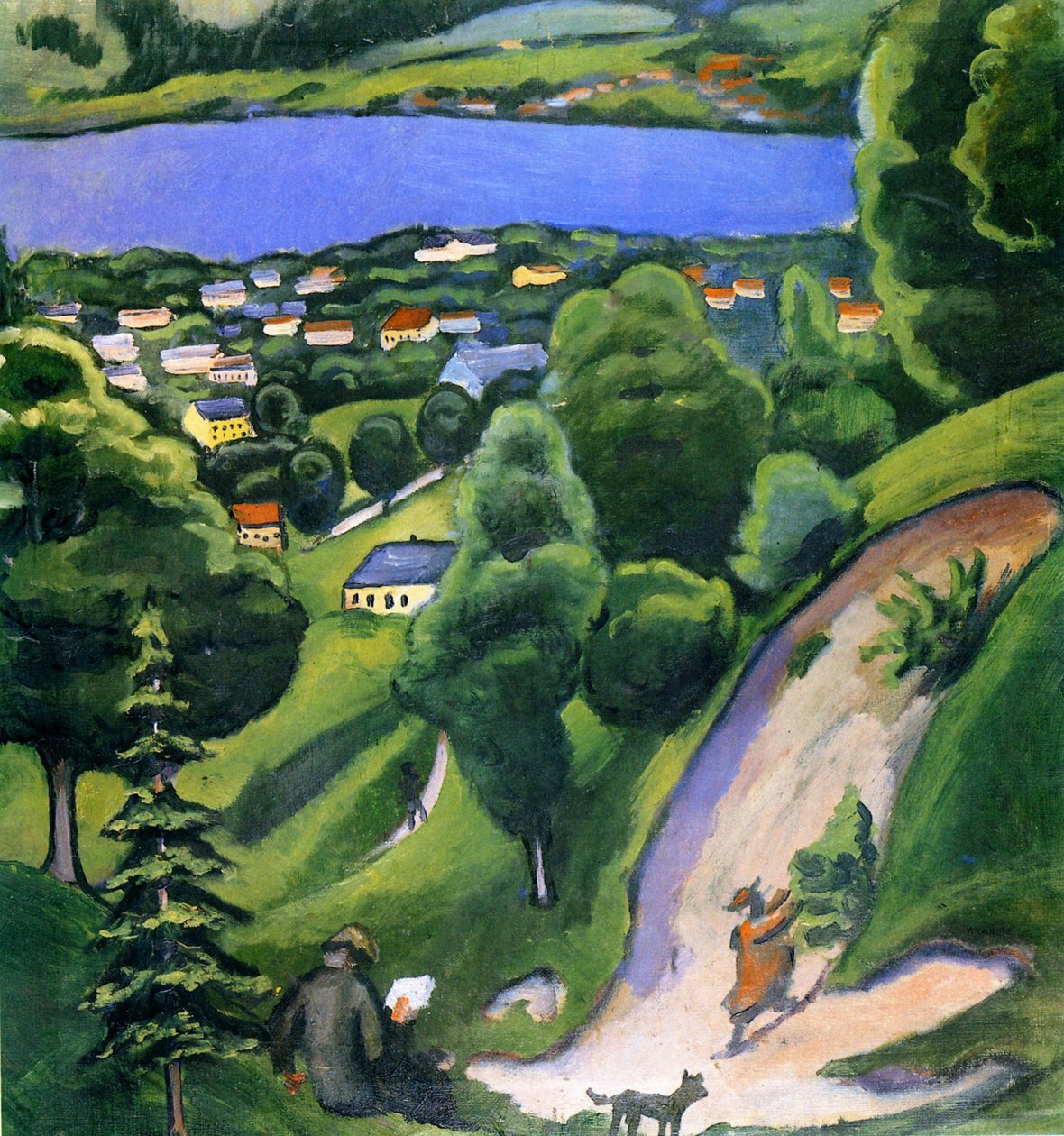 Landschaft am Teggernsee mit lesendem Mann av August Macke