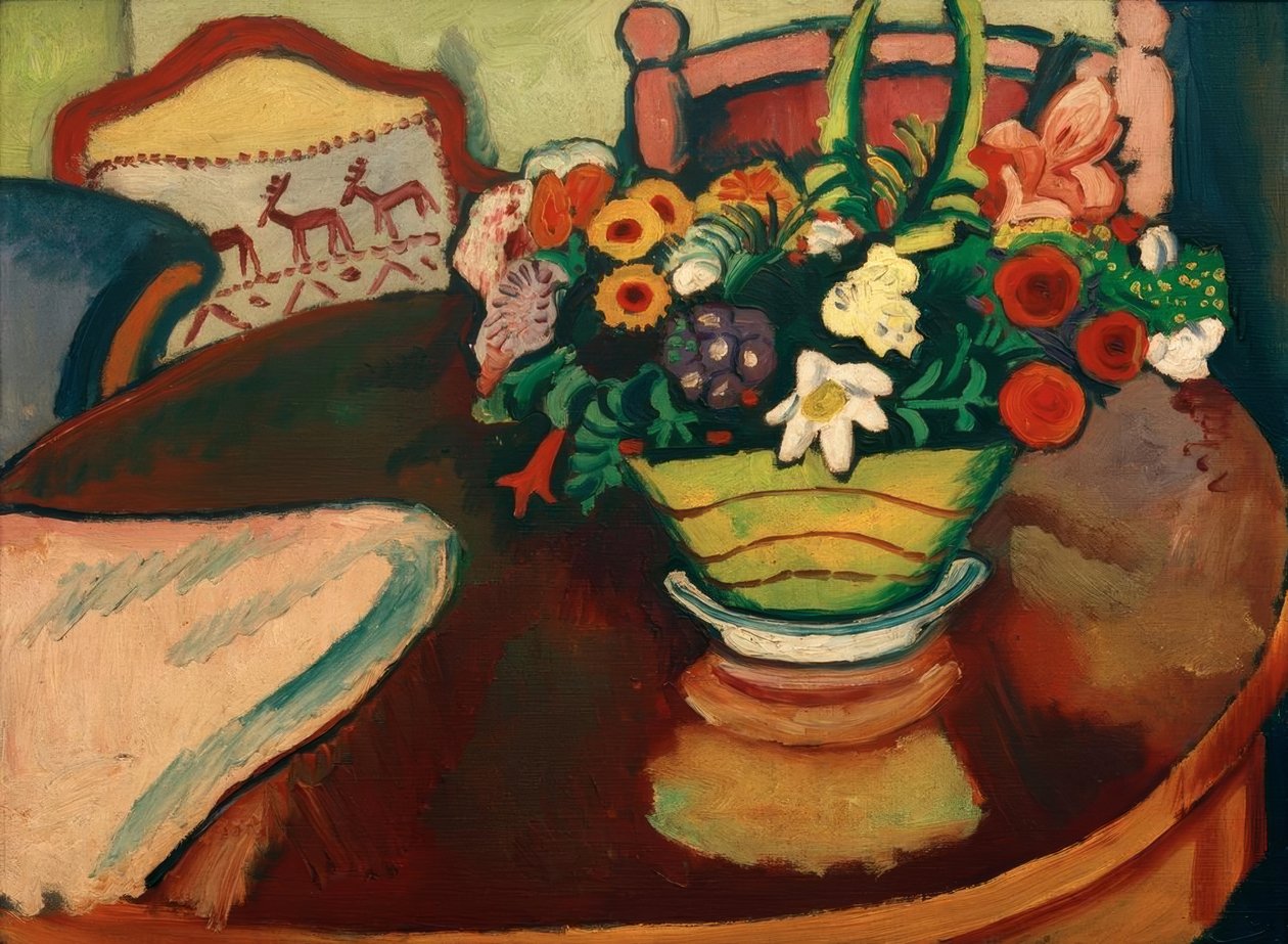 Stilleben med hjortkudde och struts av August Macke