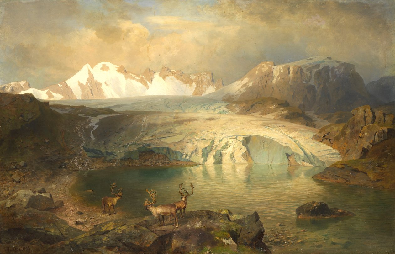 Fjordlandskap med glaciär och ren av August Wilhelm Leu