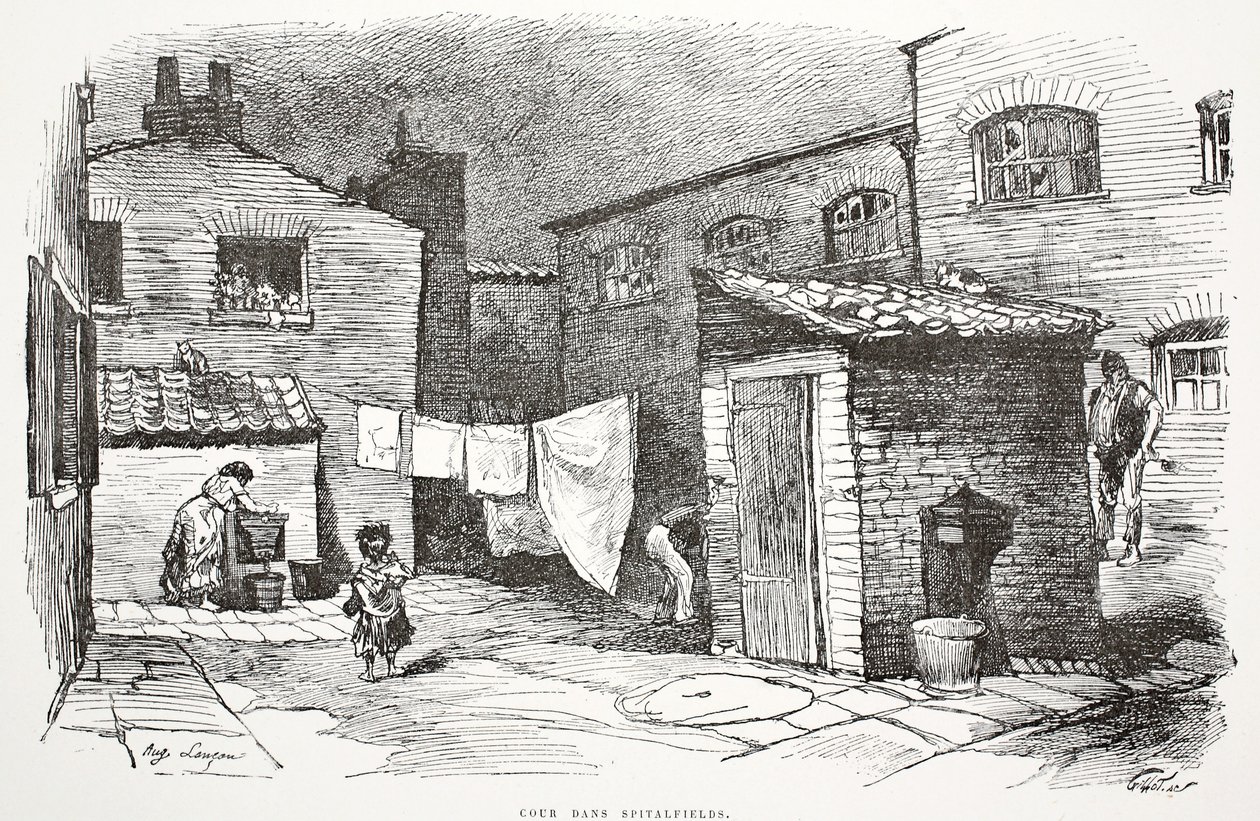 Gård i Spitalfields, illustration från "La Rue a Londres", pub. av G. Charpentier et Cie, 1884 av Auguste Andre Lancon