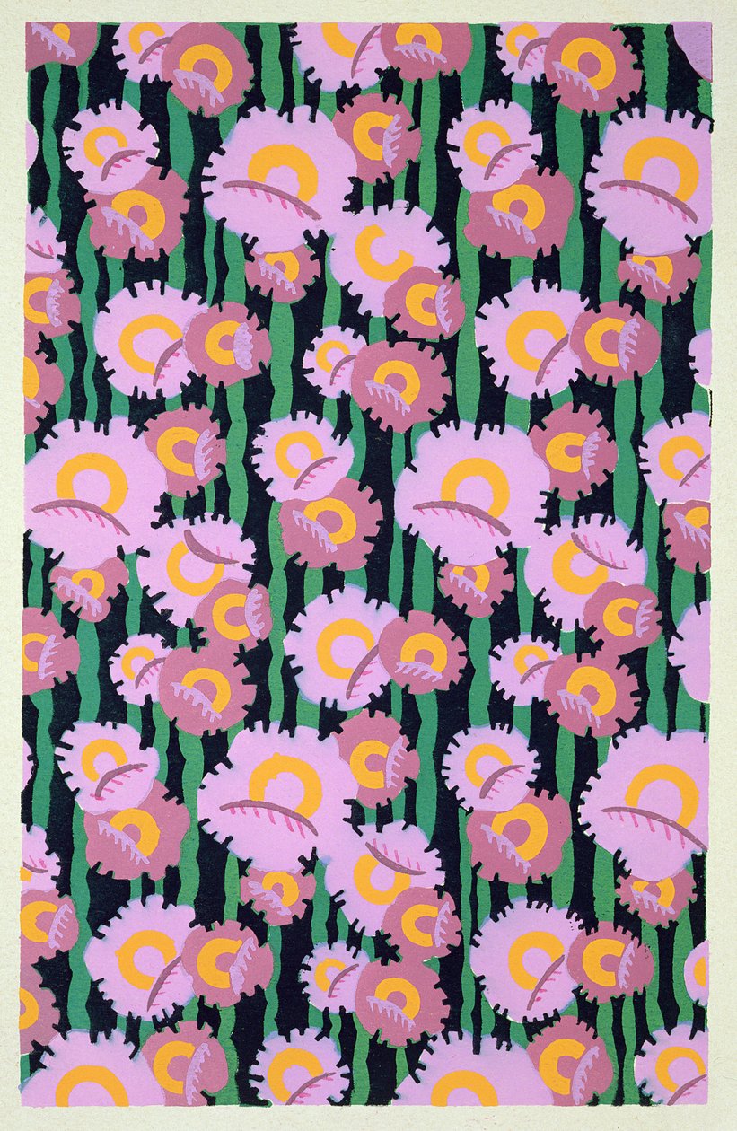 Motiv med blommönster från "Formes et couleurs: vingt planches en couleurs contenant soixante-sept motifs décoratifs" utgiven av A. Levy, Librarie Centrale de Beaux-Arts, Paris, 1921 (stenciltryck). av Auguste H. Thomas