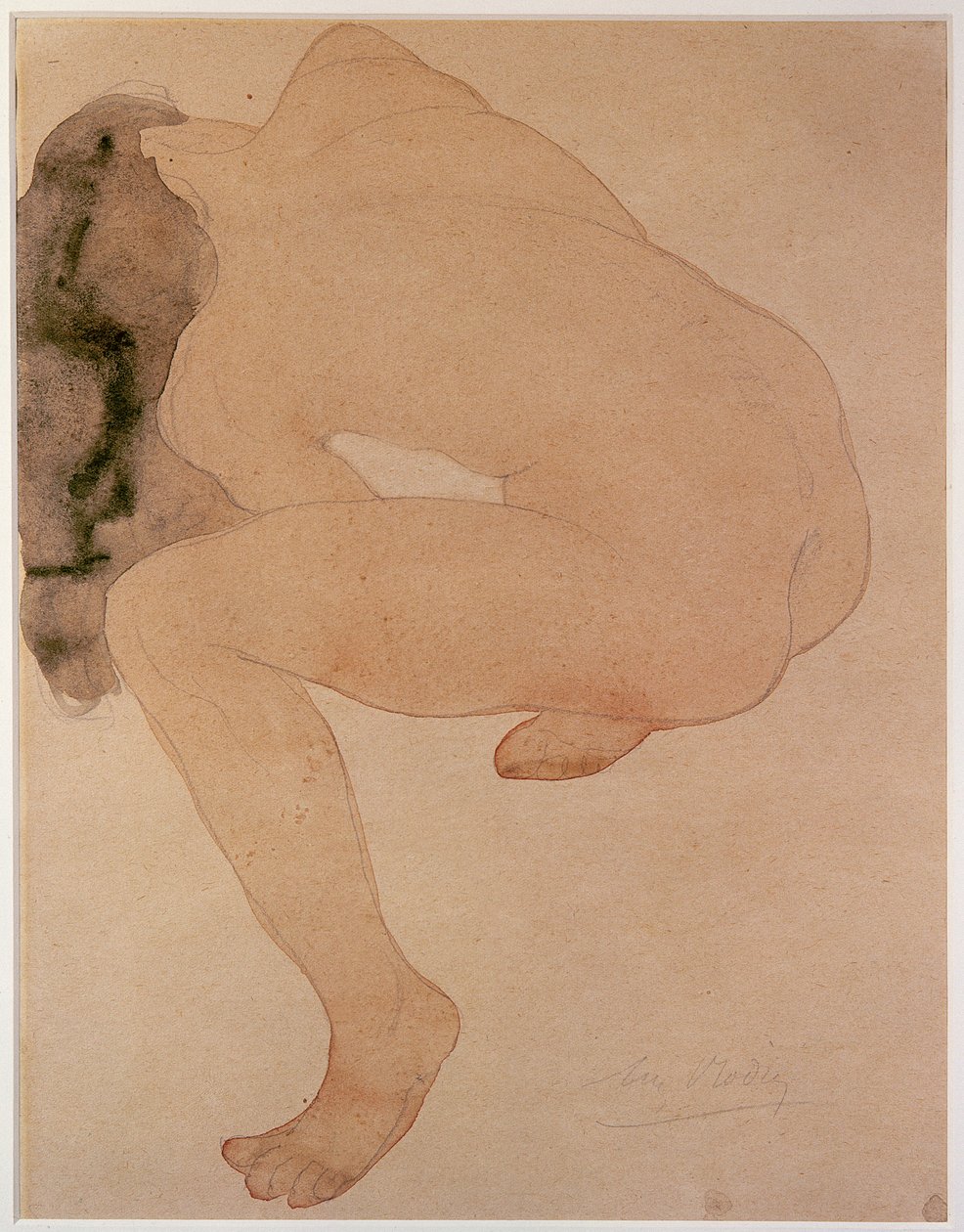 Sittande naken böjd över (penna och wc på papper) av Auguste Rodin