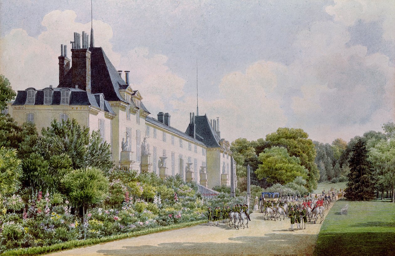 Utsikt över trädgårdsfasaden på slottet, från en samling av tolv "Views of the Malmaison" (wc på papper) av Auguste Simon Garneray