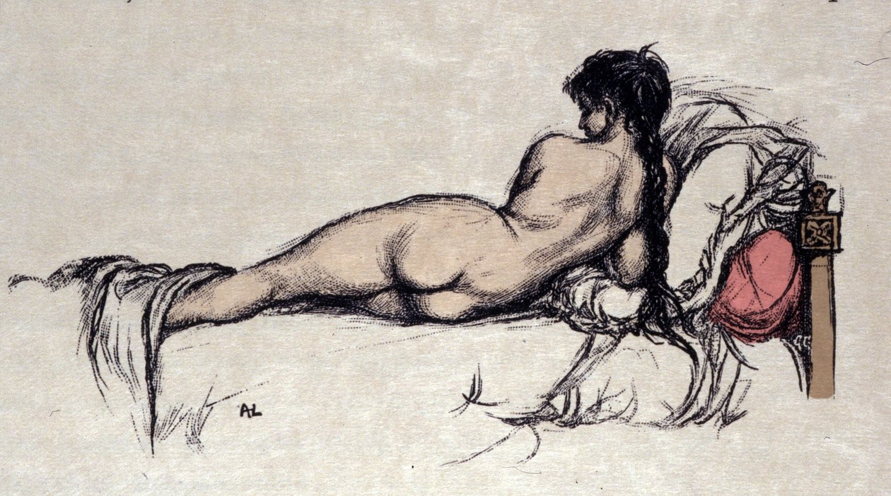 Naken kvinna i säng av Auguste (after) Leroux