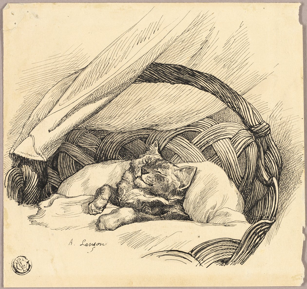 Sovande katt i korg av Auguste Andre Lancon