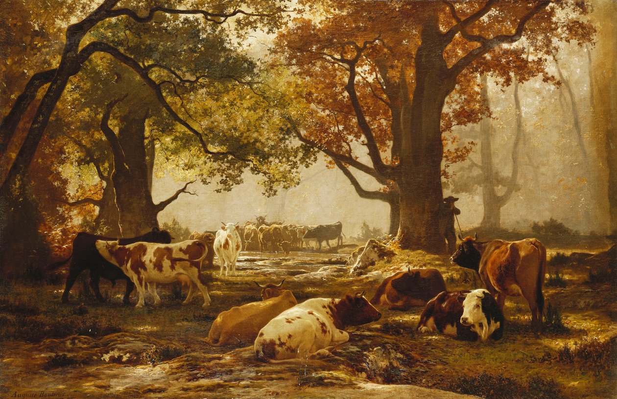 Boskap i ett skogsbevuxet flodlandskap, av Auguste Francois Bonheur