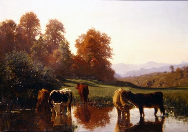 Vattning av boskap (olja på duk) av Auguste Francois Bonheur