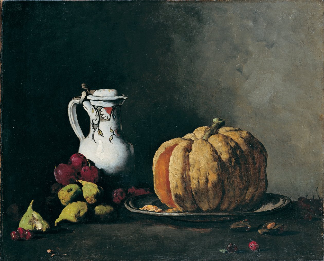 Stilleben med pumpa, plommon, körsbär, fikon och kanna av Auguste Theodule Ribot