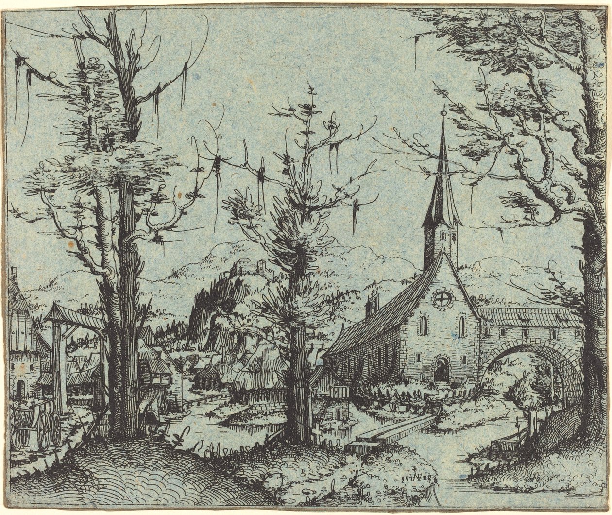 Landskap med en bykyrka av Augustin Hirschvogel