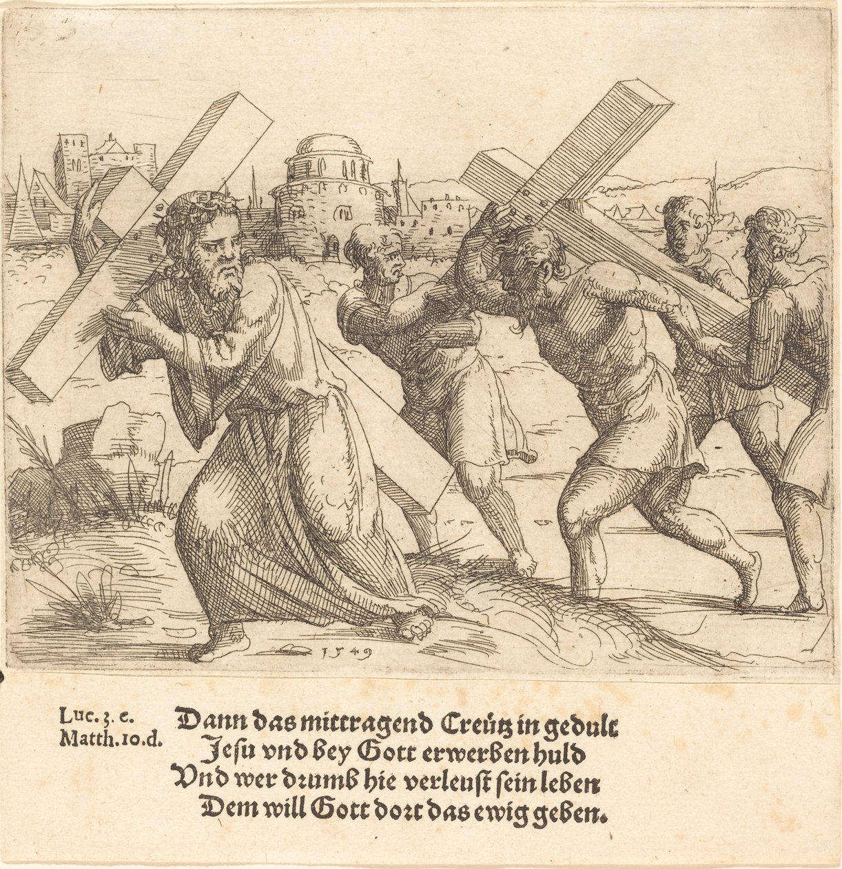 Människan bär korset efter Kristus, 1549. av Augustin Hirschvogel
