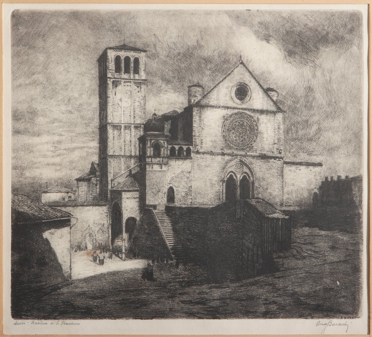 Assisi, Sankt Franciskus basilika (etsning på papper) av Augusto Baracchi