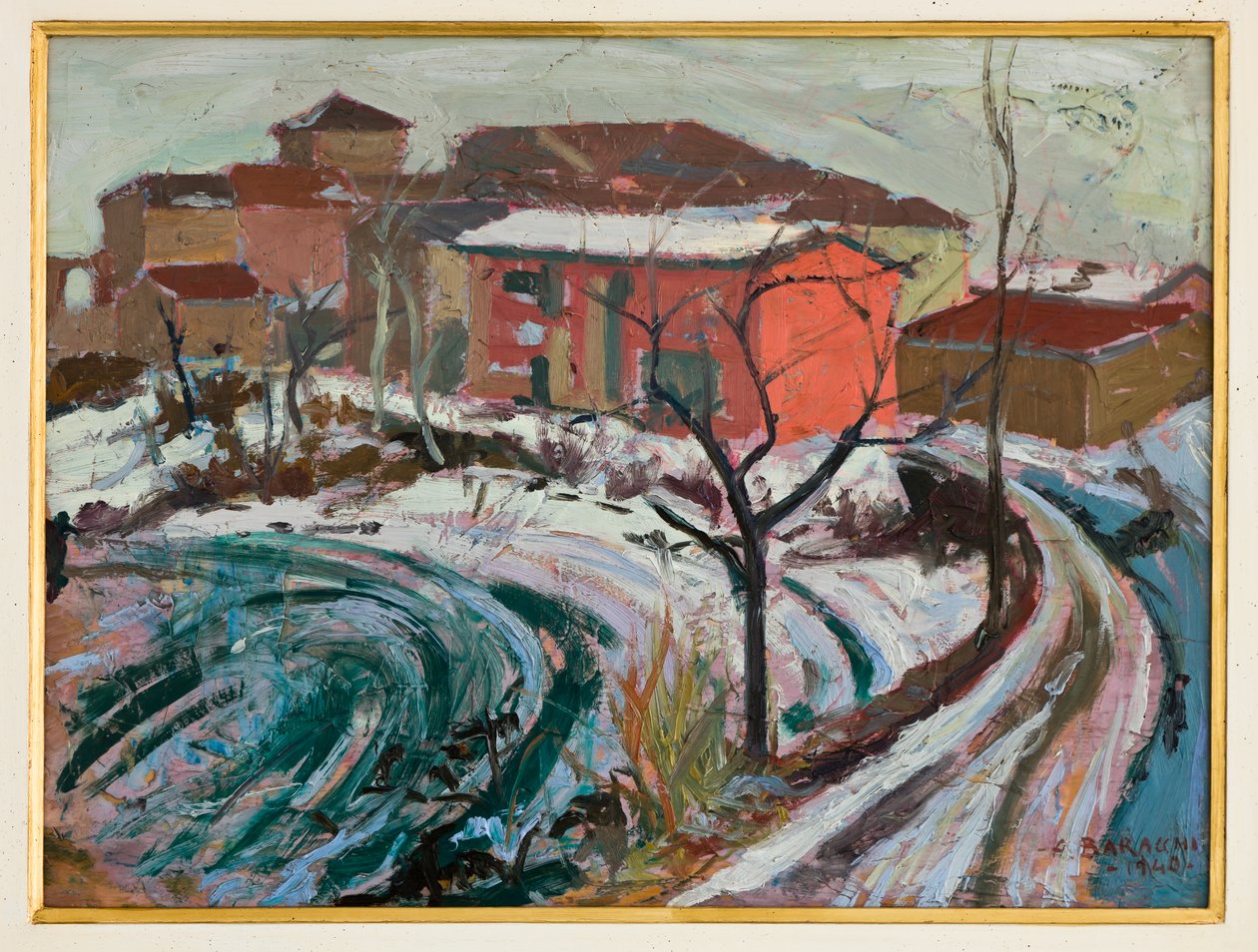 Snö i Carpi (olja på kartong) av Augusto Baracchi