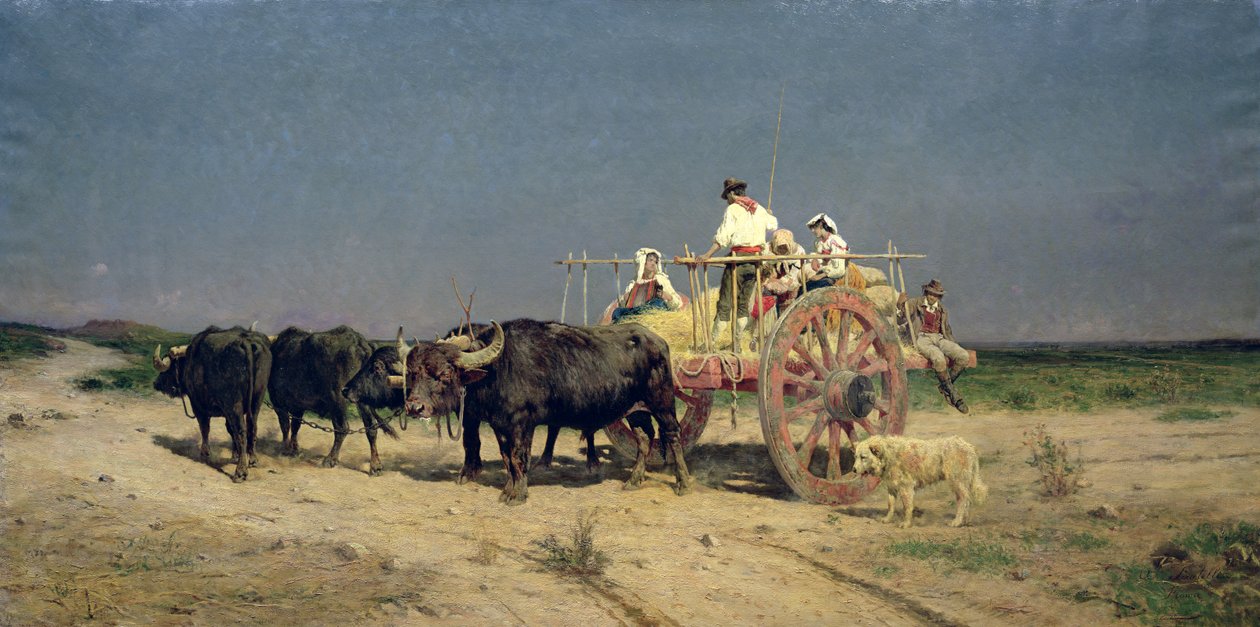 Vagn med Buffalo vid stranden av Aurelio Tiratelli