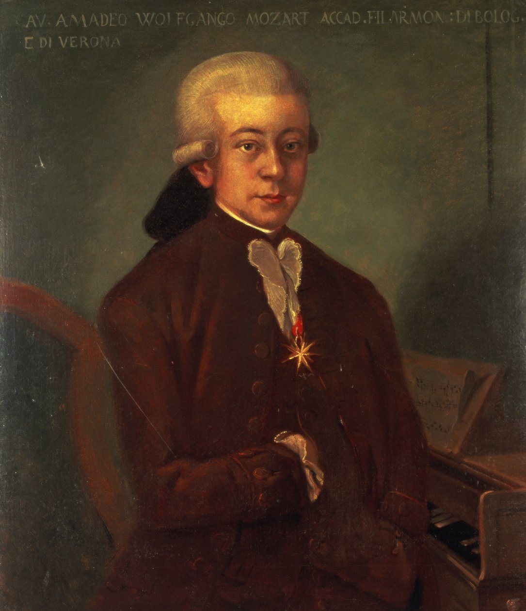 Porträtt av Wolfgang Amadeus Mozart (1756-91) iklädd den gyllene sporreorden, 1777 av Austrian School