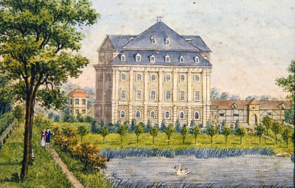 Utsikt över ett landschloss, ca 1780 (gouache) av Austrian School
