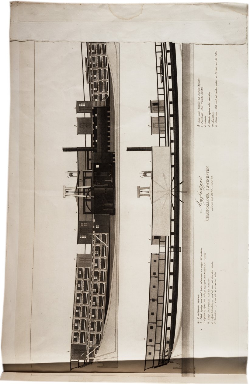 Bortskurna vyer av Fultons ångbåt, Chancellor Livingston, från en Atlas of the United States, 1824 (akvatint) av Axel Leonhard Klinckowström