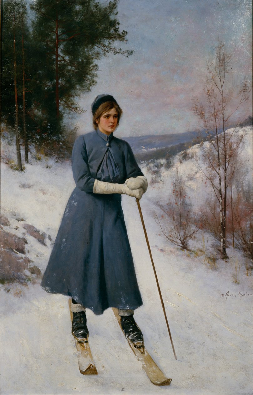 Girl on Skis (olja på duk) av Axel Hjalmar Ender