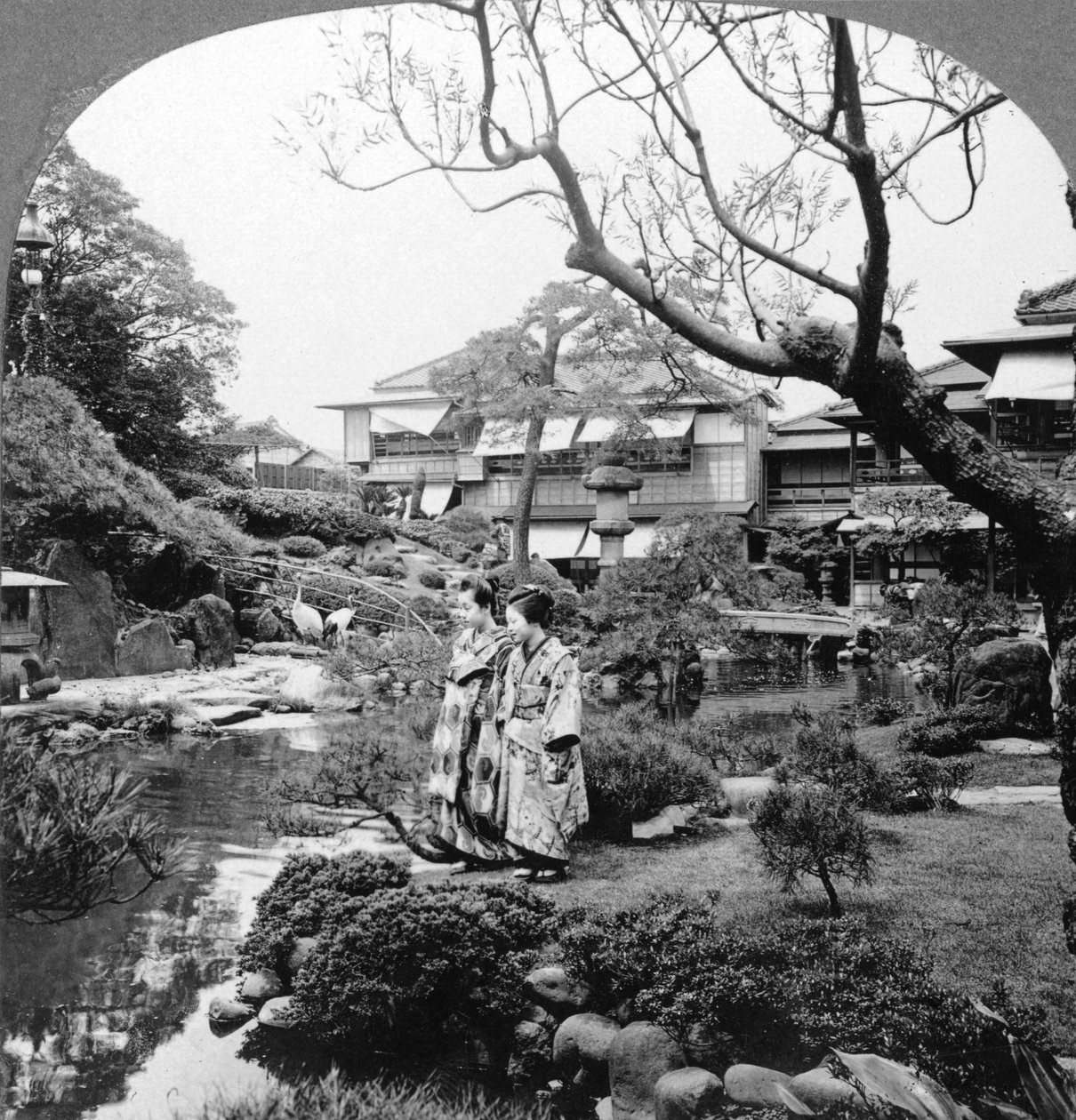 Japanska pigor i en trädgård, 1904. av B. L. Singley