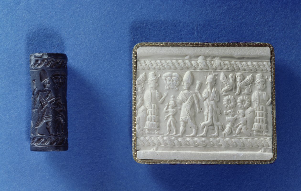 Cylinderförsegling och avtryck, möjligen babyloniskt 1700-tal f.Kr. (huggen sten och gips) av Babylonian