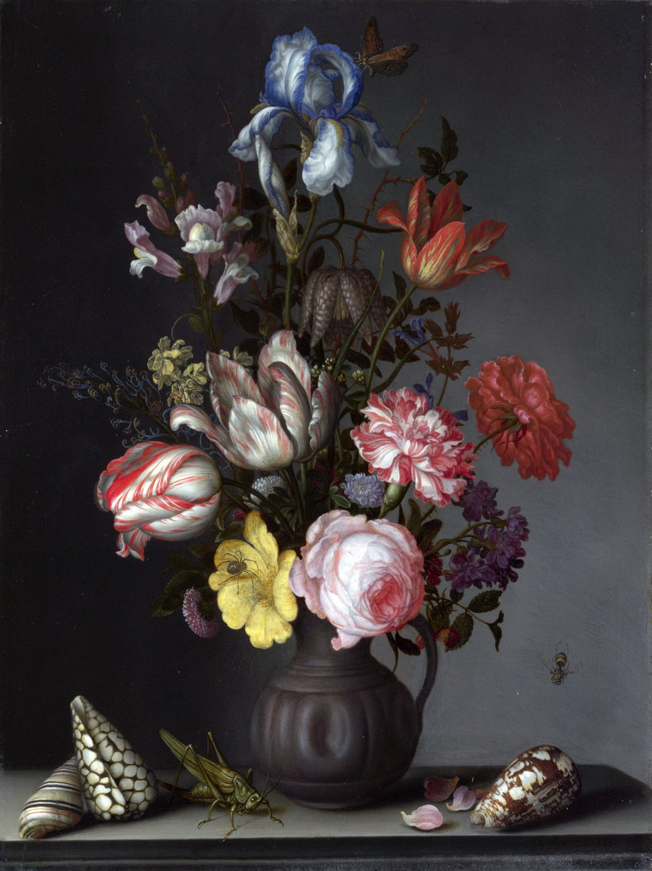 Flowers in a Vase with Shells and Insects av Balthasar van der Ast