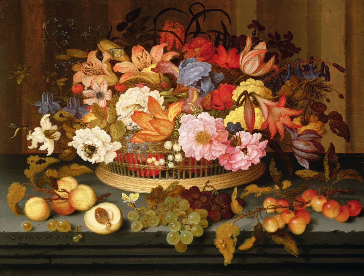 Stilleben med frukt och en blomsterkorg, 1623 av Balthasar van der Ast