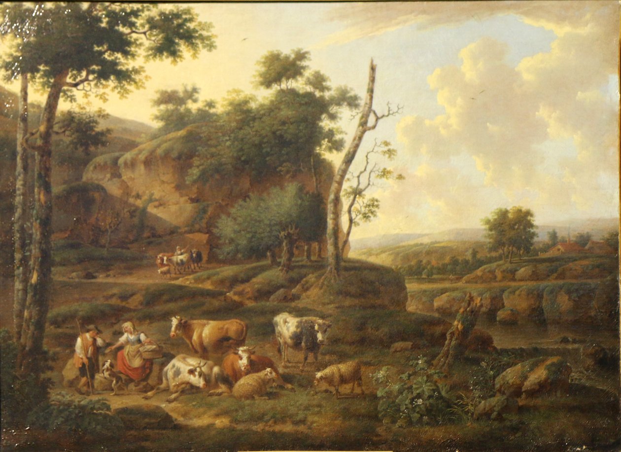 Landskap med figurer och djur. av Balthasar Paul Ommeganck