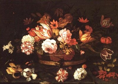 Rosor, tulpaner i en korg av Balthasar van der Ast