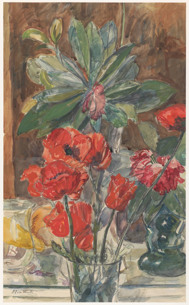 Blomstudie av vallmo och Rhododendron av Barbara Elisabeth van Houten