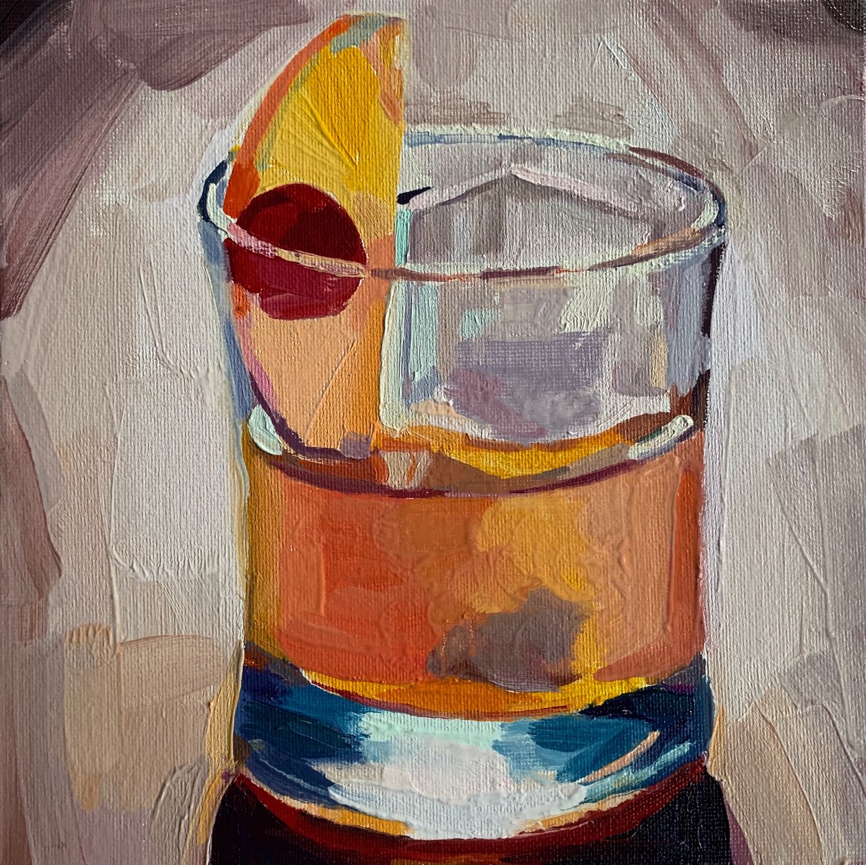 cocktail 4, 2019 (olja ombord) av Barbara Hoogeweegen
