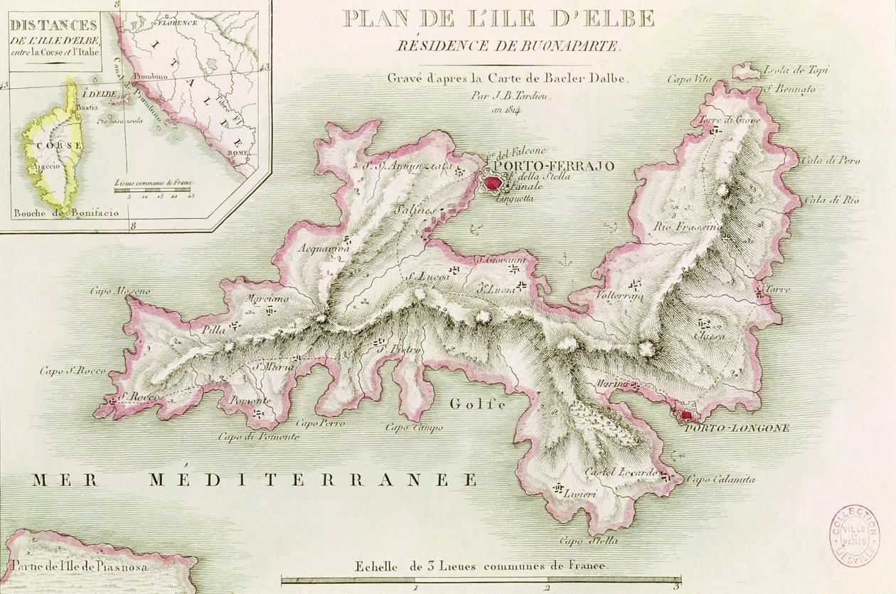 Karta över ön Elba, graverad av Jean-Baptiste Tardieu (1768-1837) 1814 av Baron Louis Albert Bacler d