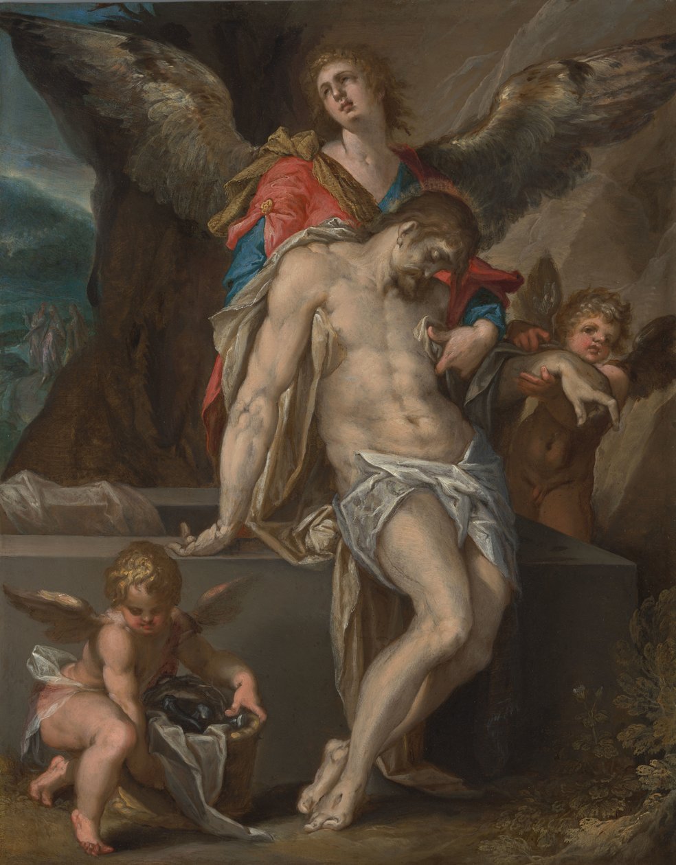 Änglar som bär Kristi kropp (Engelenpietà) av Bartholomeus Spranger