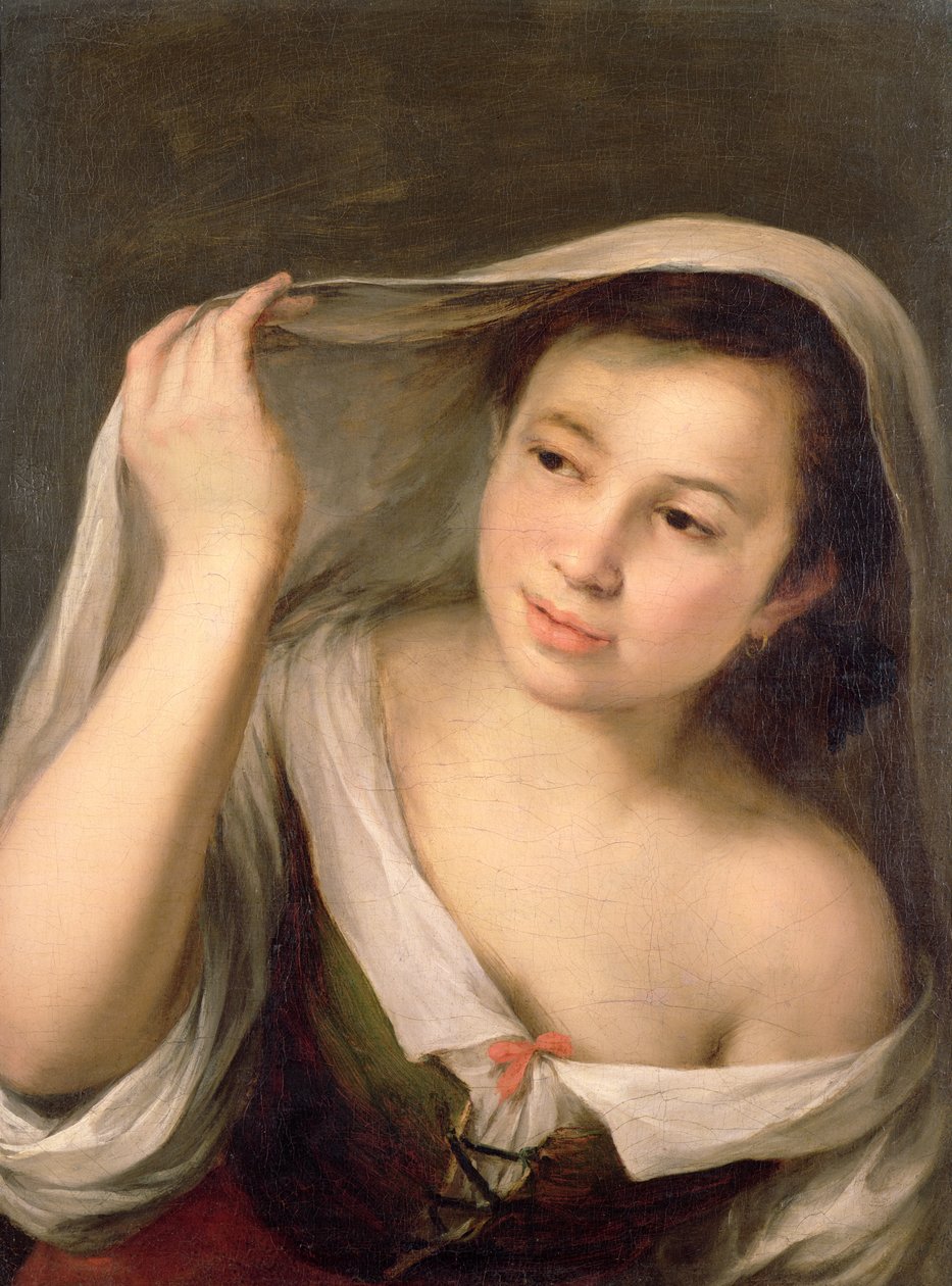 En ung flicka höjer sin slöja av Bartolomé Esteban Murillo