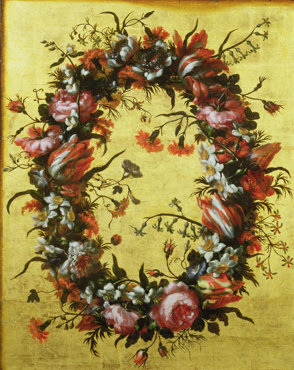 Blomsterkrans på förgylld bakgrund av Bartolomeo Perez