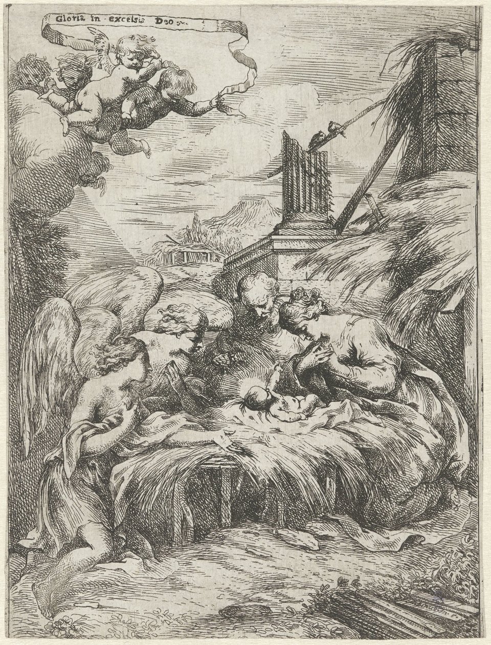 Tillbedjan av Maria, Josef och änglar av Bartolomeo Biscaino